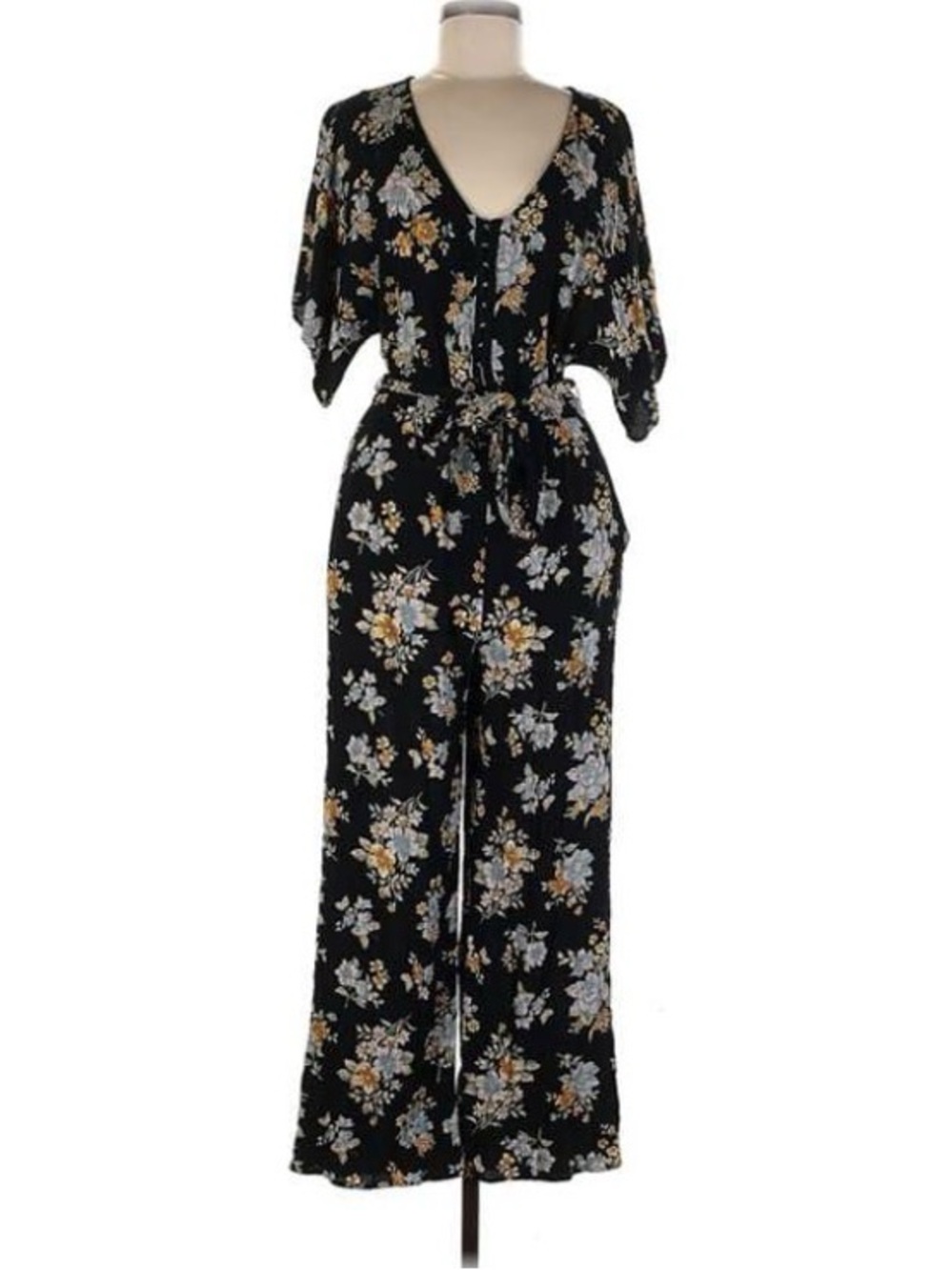 American Eagle Outfitters Black Floral V-Neck Tie-Waist Jumpsuit
